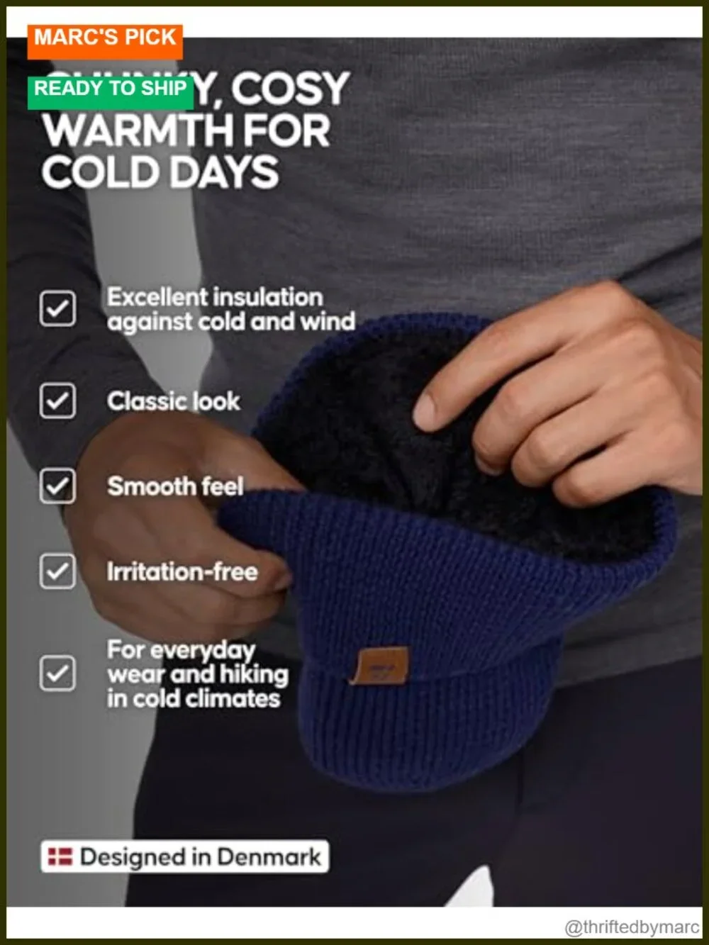 Merino Wool Fleece Lined Beanie - Stretchy Warm Hat